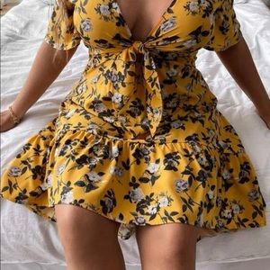 Plus Floral Print Tie Front Plunging Neck Dress